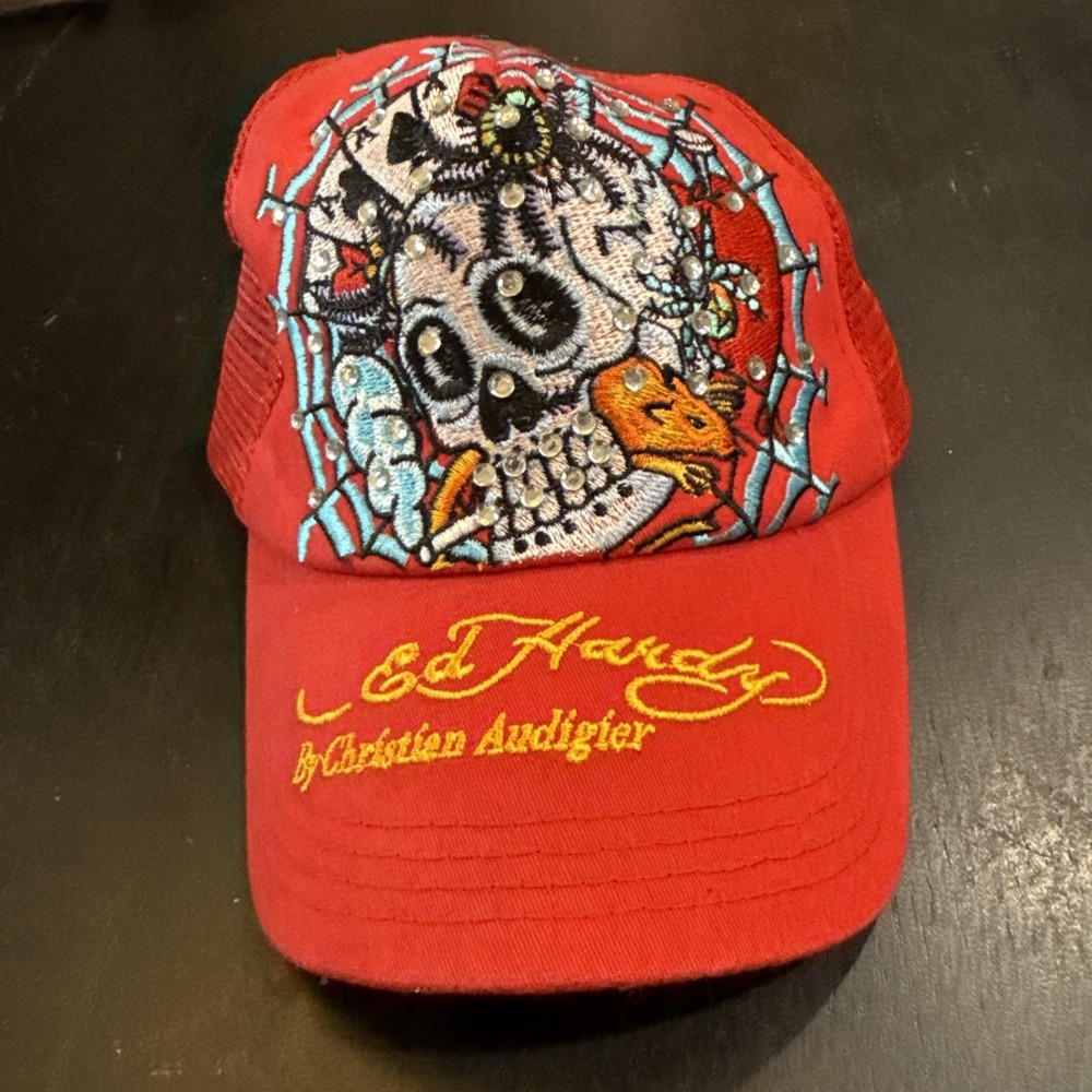 Ed Hardy Trucker Hat SnapBack Red W Stones Tattoo Art Y2K Christian Audigier